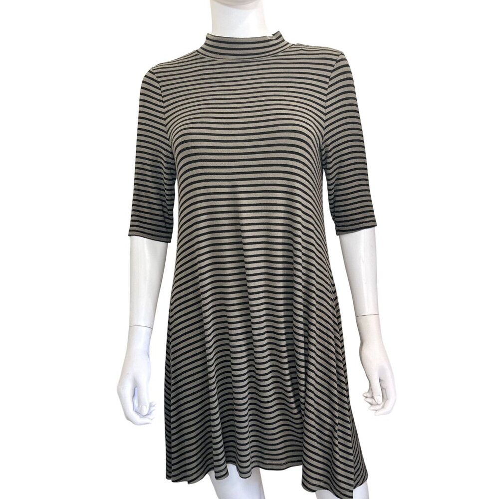 Charlotte Russe Dress Womens M Black Beige Striped Y2K Inspired Mock Neck Swing